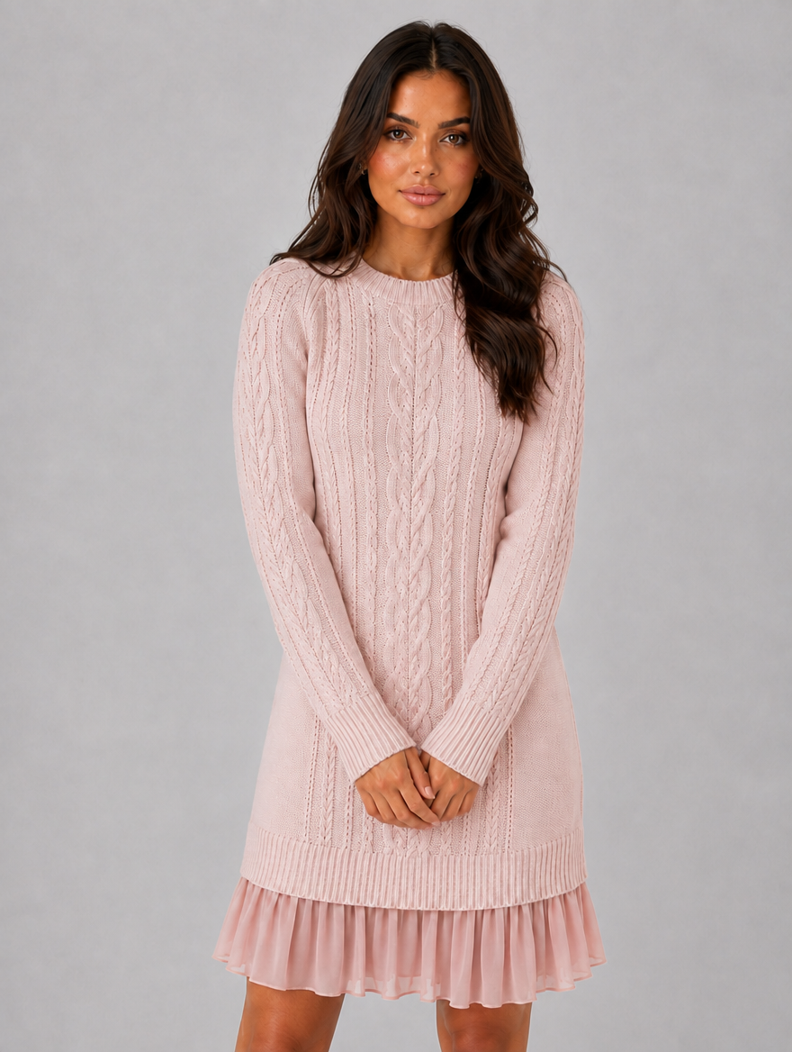 Women's Cable Knit Jumper Mini Dress – Pleated Hem Long Sleeve — Pink