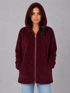 Women's Hooded Teddy Cardigan with Pockets – Longline Zip Plush Jacket — Burgundy