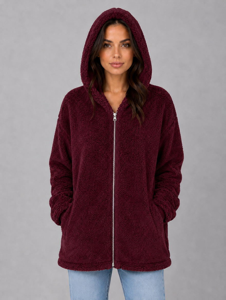 Women's Hooded Teddy Cardigan with Pockets – Longline Zip Plush Jacket — Burgundy