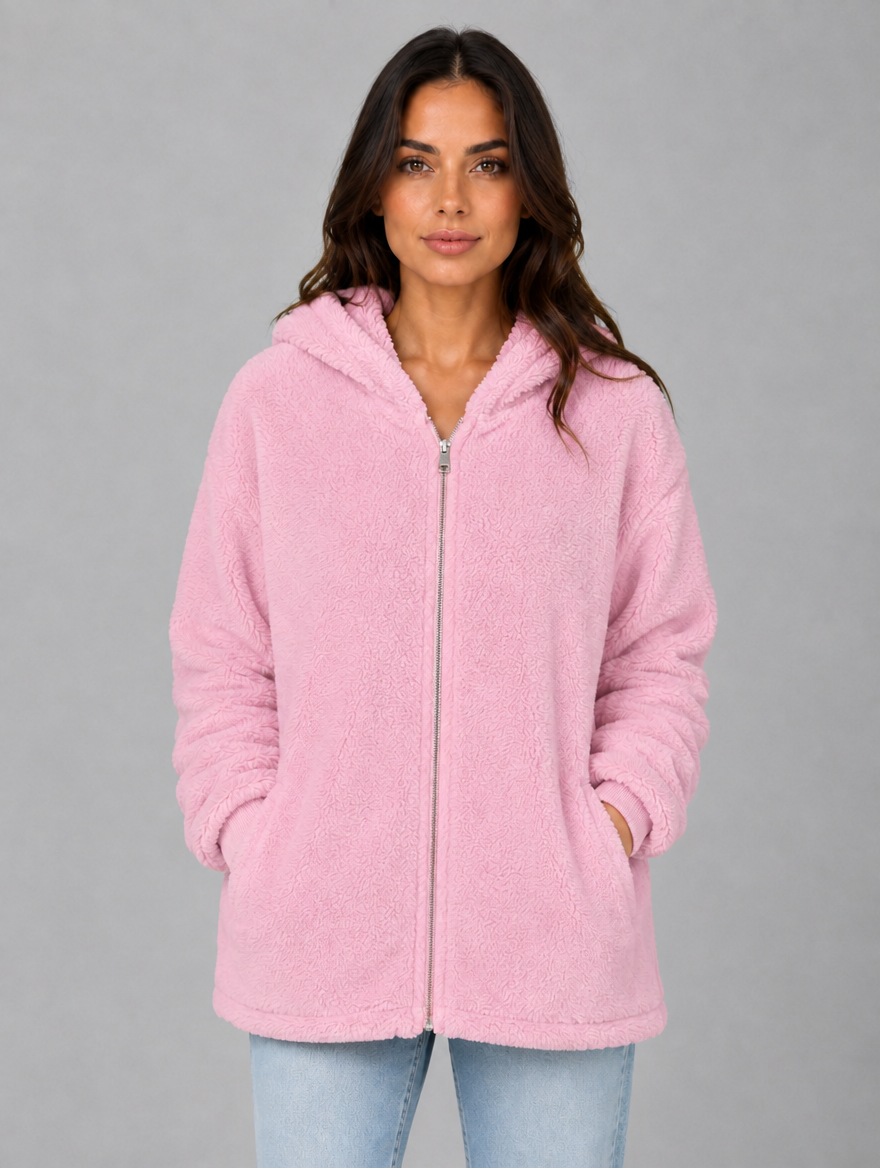 Women's Hooded Teddy Cardigan with Pockets – Longline Zip Plush Jacket — Pink