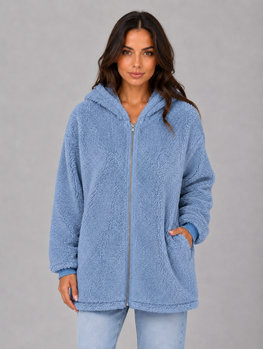 Women's Hooded Teddy Cardigan with Pockets – Longline Zip Plush Jacket — Light Blue