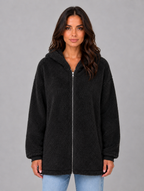 Women's Hooded Teddy Cardigan with Pockets – Longline Zip Plush Jacket — Black