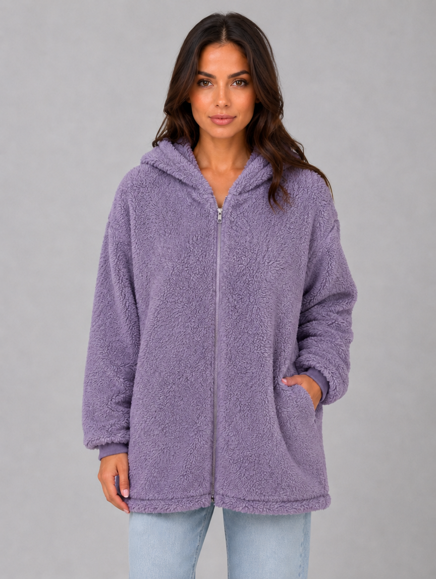 Women's Hooded Teddy Cardigan with Pockets – Longline Zip Plush Jacket — Lilac