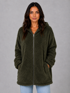 Women's Hooded Teddy Cardigan with Pockets – Longline Zip Plush Jacket — Dark Green