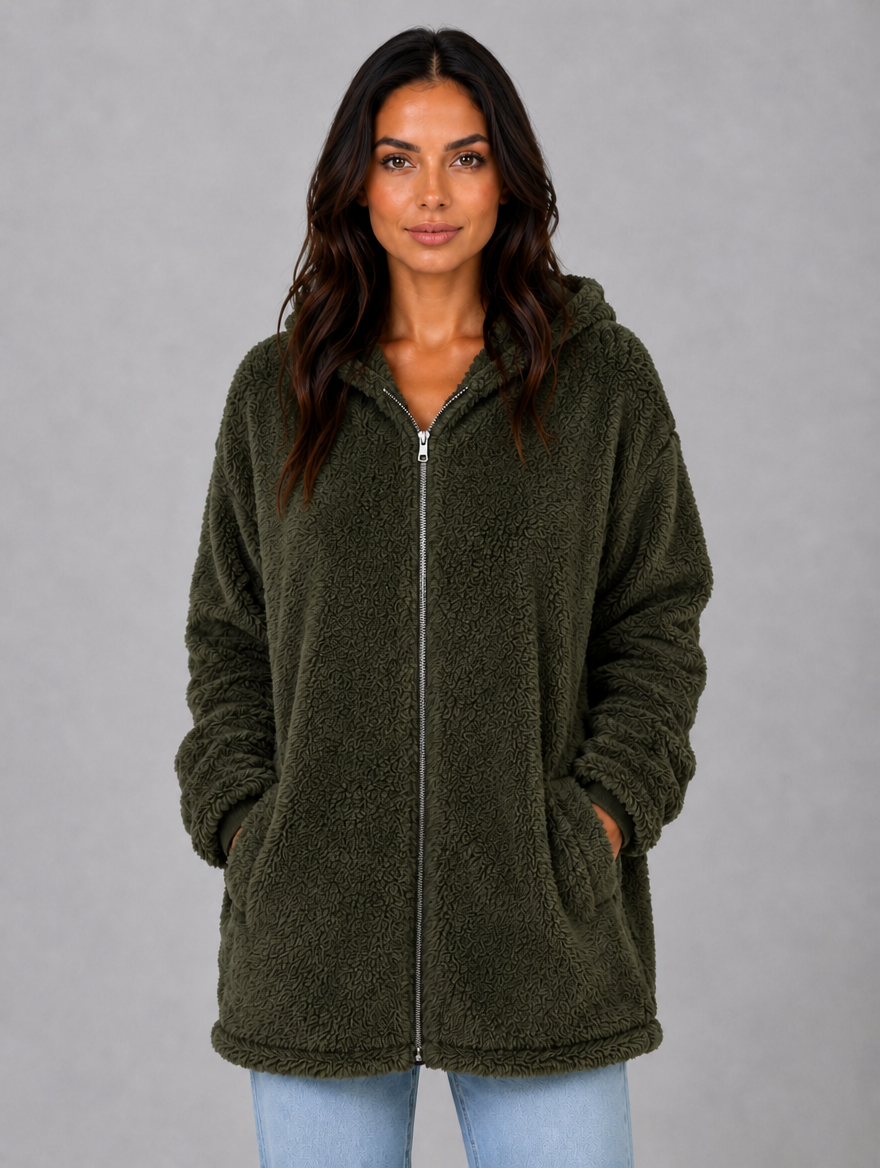 Women's Hooded Teddy Cardigan with Pockets – Longline Zip Plush Jacket — Dark Green