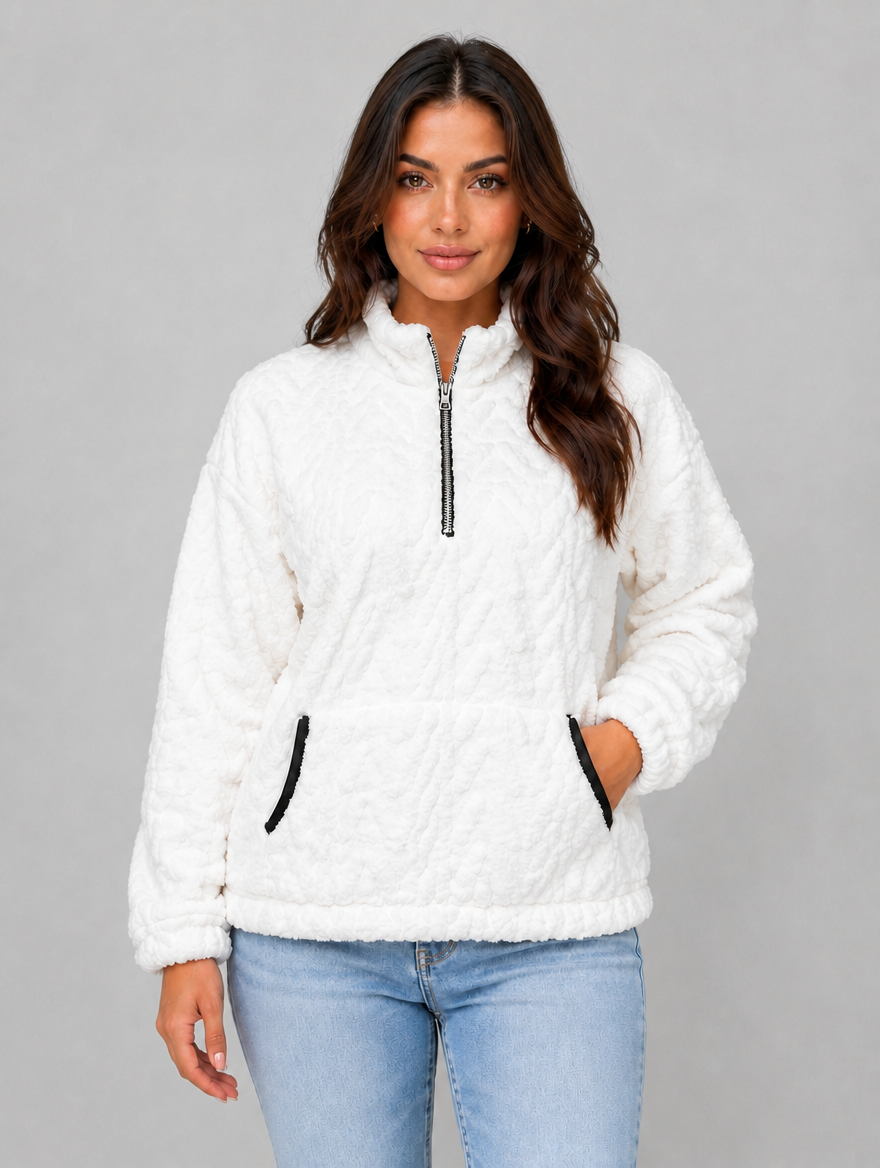 Women's Plush Half Zip Pullover — White