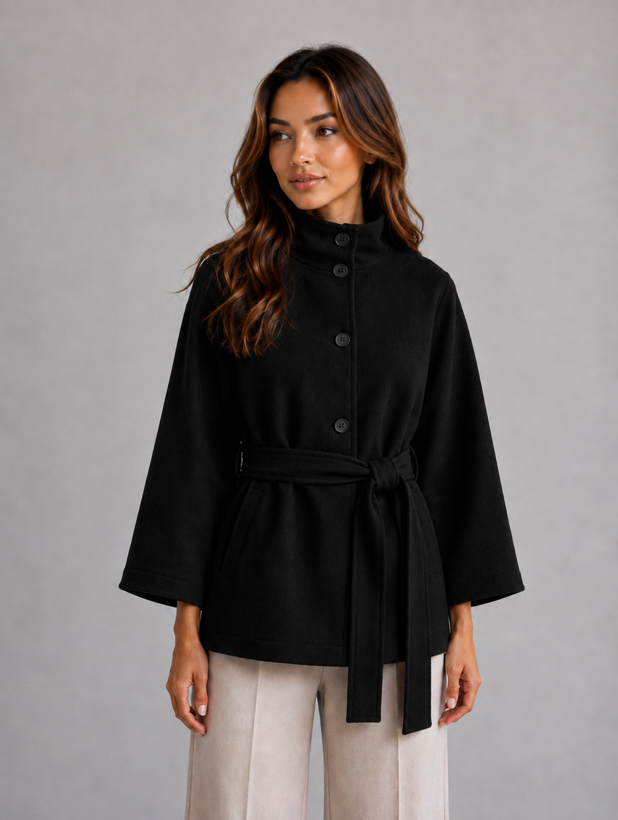 Women's Belted Cape Jacket — Black