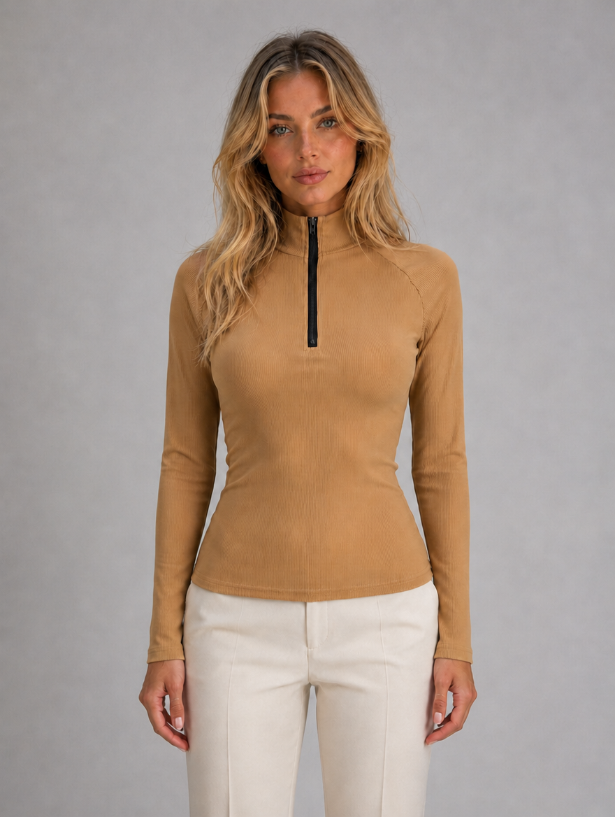 Women's Ribbed Half Zip Top — Khaki