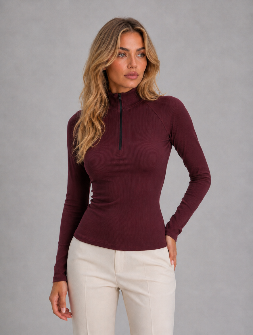 Women's Ribbed Half Zip Top — Burgundy