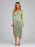 Women's Fringe Midi Occasion Dress – Long Sleeve Eveningwear — Sage Green