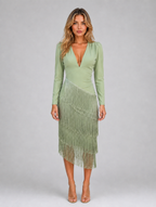 Women's Fringe Midi Occasion Dress – Long Sleeve Eveningwear — Sage Green