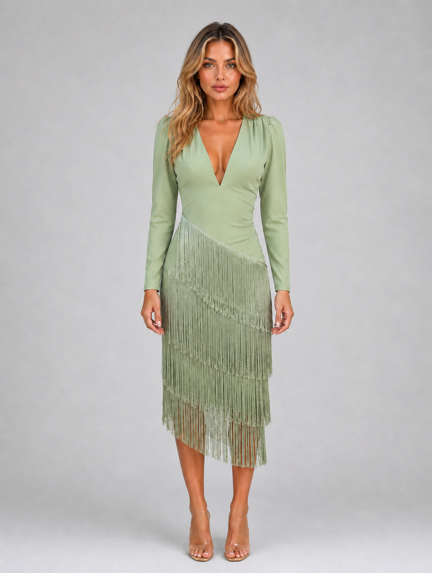 Women's Fringe Midi Occasion Dress – Long Sleeve Eveningwear — Sage Green