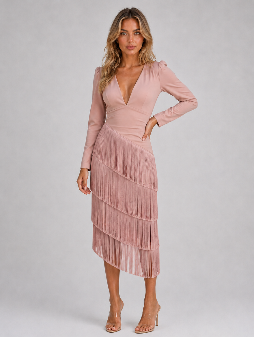 Women's Fringe Midi Occasion Dress – Long Sleeve Eveningwear — Dusty Rose