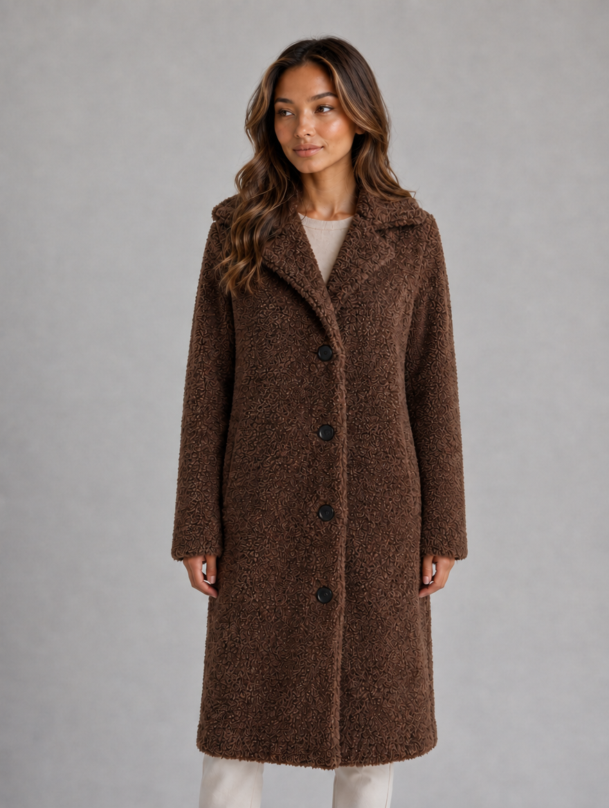 Women's Long Teddy Fleece Coat — Brown