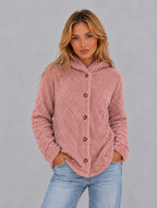Women's Hooded Teddy Fleece Cardigan – Soft Plush Button Jacket — Dusty Rose