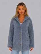 Women's Hooded Teddy Fleece Cardigan – Soft Plush Button Jacket — Steel Blue