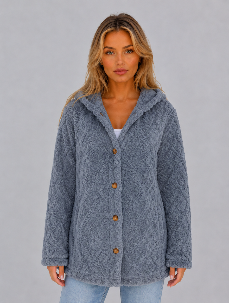 Women's Hooded Teddy Fleece Cardigan – Soft Plush Button Jacket — Steel Blue