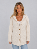 Women's Hooded Teddy Fleece Cardigan – Soft Plush Button Jacket — Cream