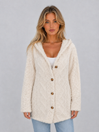 Women's Hooded Teddy Fleece Cardigan – Soft Plush Button Jacket — Cream