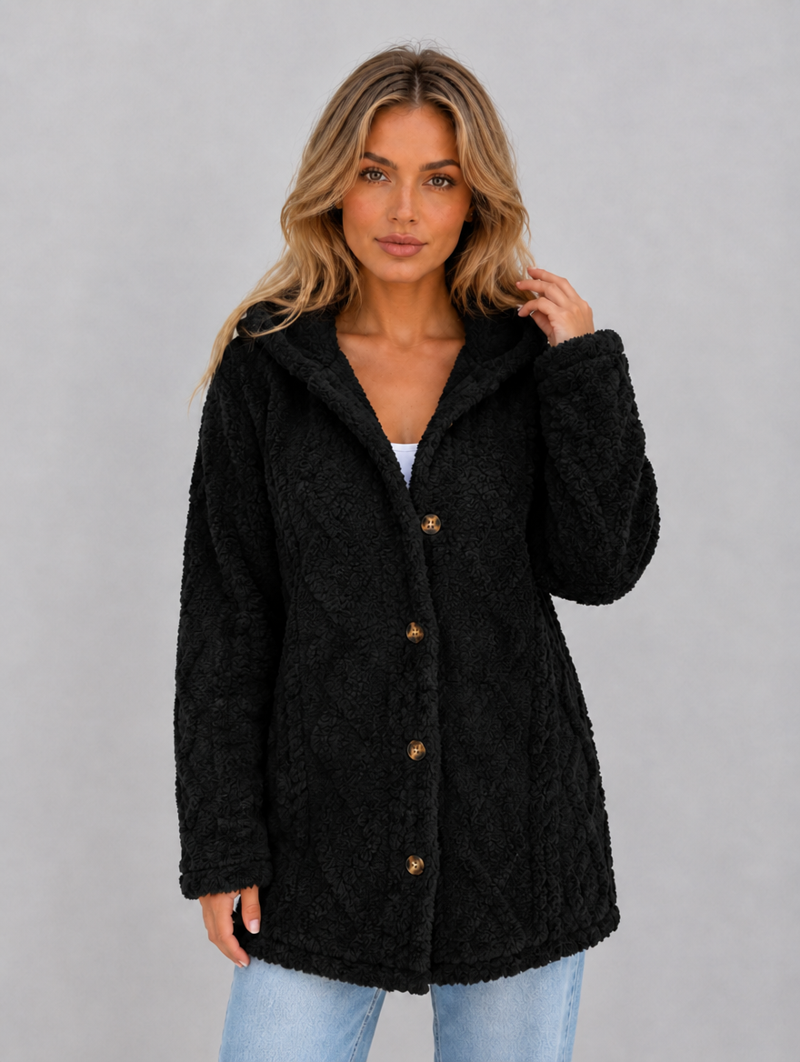 Women's Hooded Teddy Fleece Cardigan – Soft Plush Button Jacket — Black