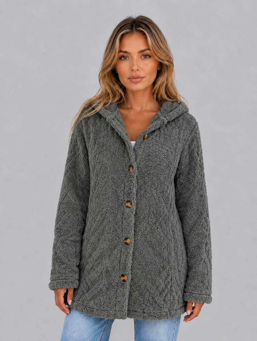 Women's Hooded Teddy Fleece Cardigan – Soft Plush Button Jacket — Dark Grey