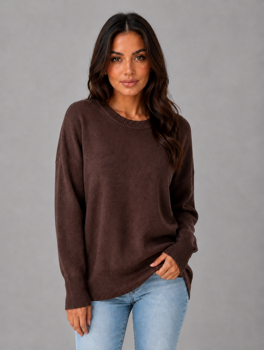 Women's Oversized Knitted Jumper – Long Sleeve Crew Neck Sweater — Brown