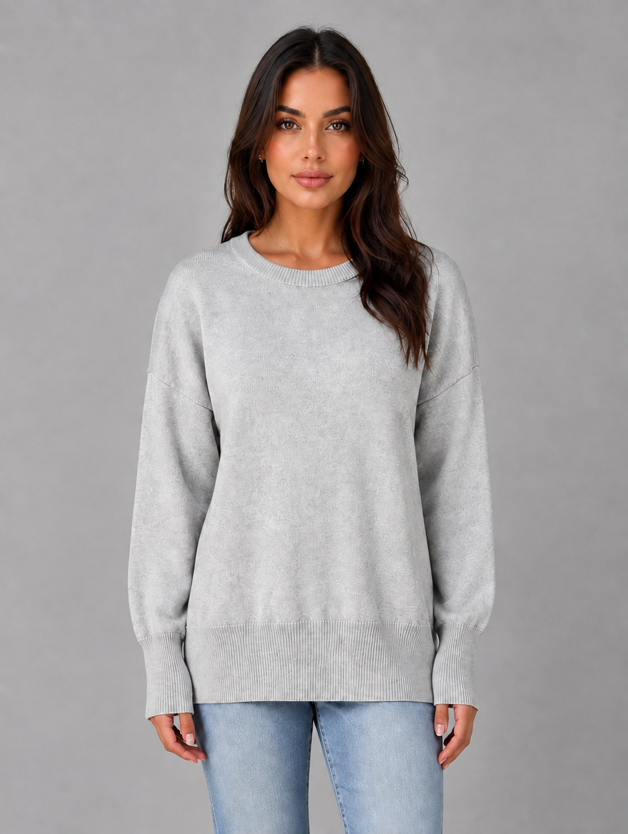 Women's Oversized Knitted Jumper – Long Sleeve Crew Neck Sweater — Grey