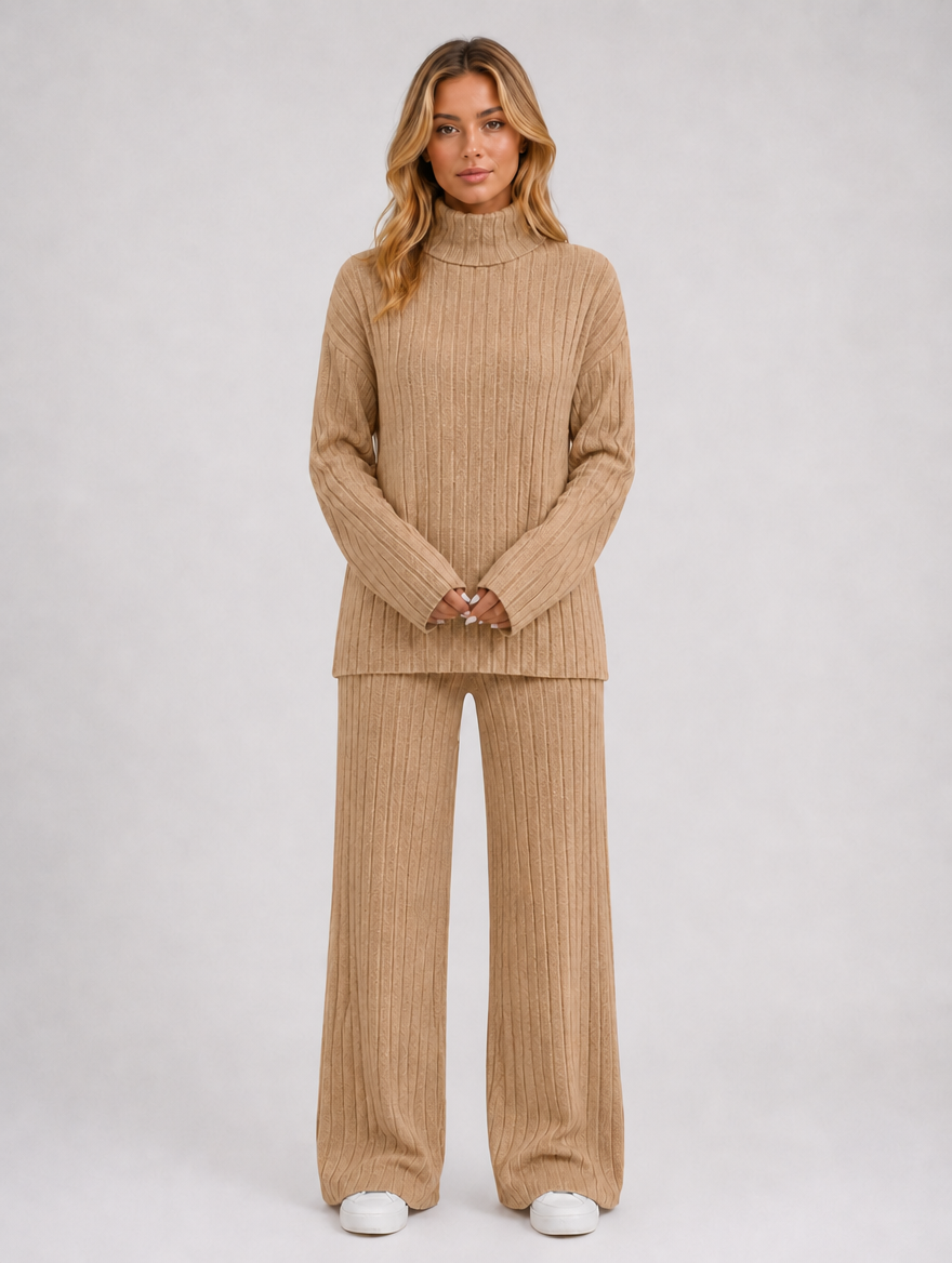Women's Ribbed Knitted Lounge Set — Beige