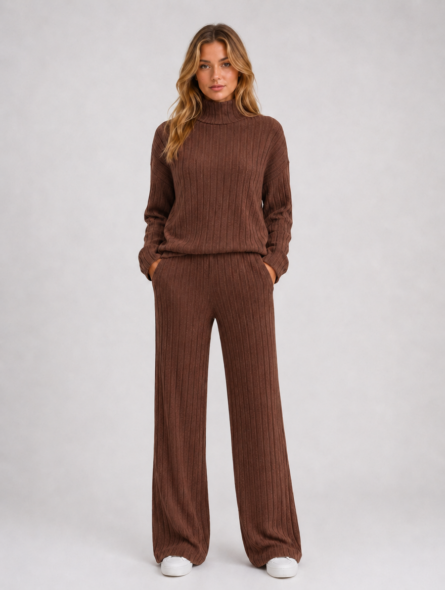 Women's Ribbed Knitted Lounge Set — Brown