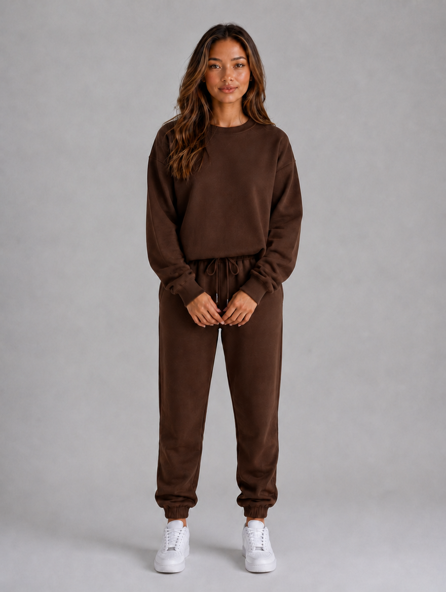 Women's Oversized Tracksuit Set – Crew Neck Sweatshirt & Cuffed Joggers — Brown