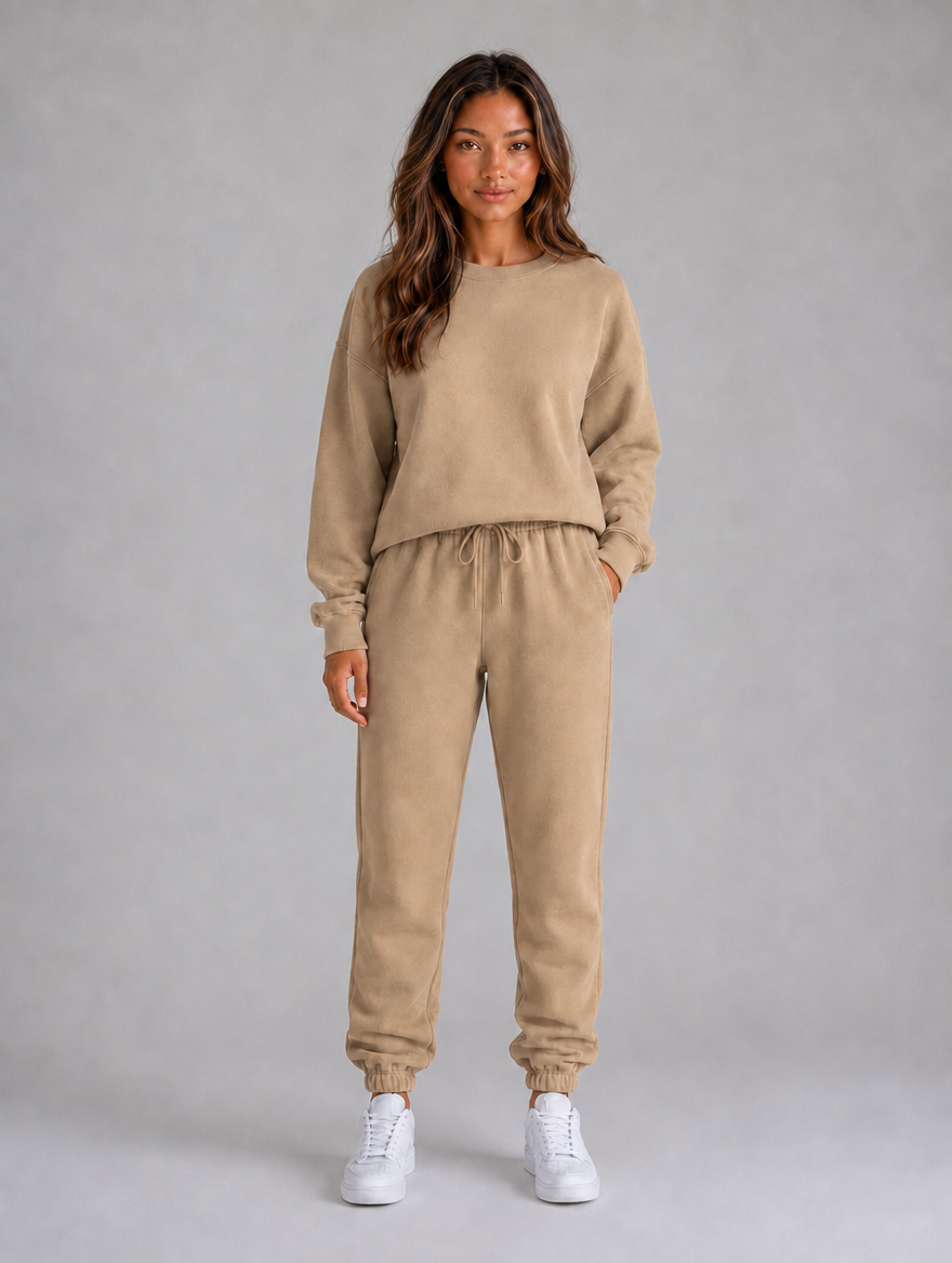 Women's Oversized Tracksuit Set – Crew Neck Sweatshirt & Cuffed Joggers — Beige