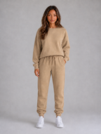 Women's Oversized Tracksuit Set – Crew Neck Sweatshirt & Cuffed Joggers — Beige