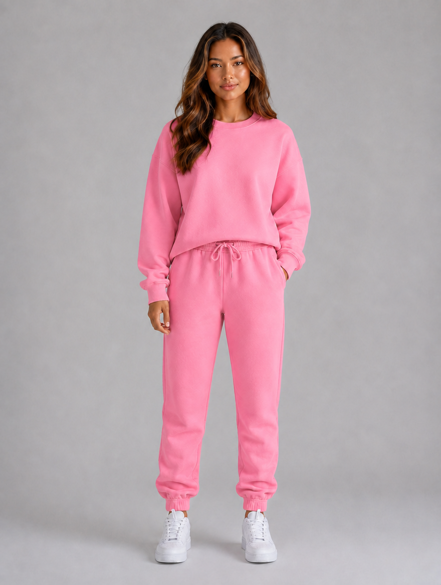 Women's Oversized Tracksuit Set – Crew Neck Sweatshirt & Cuffed Joggers — Pink