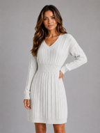 Women's Cable Knit Midi Dress – V-Neck Shirred Waist Fit — White