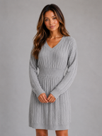 Women's Cable Knit Midi Dress – V-Neck Shirred Waist Fit — Grey