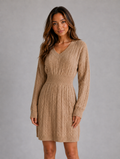 Women's Cable Knit Midi Dress – V-Neck Shirred Waist Fit — Khaki