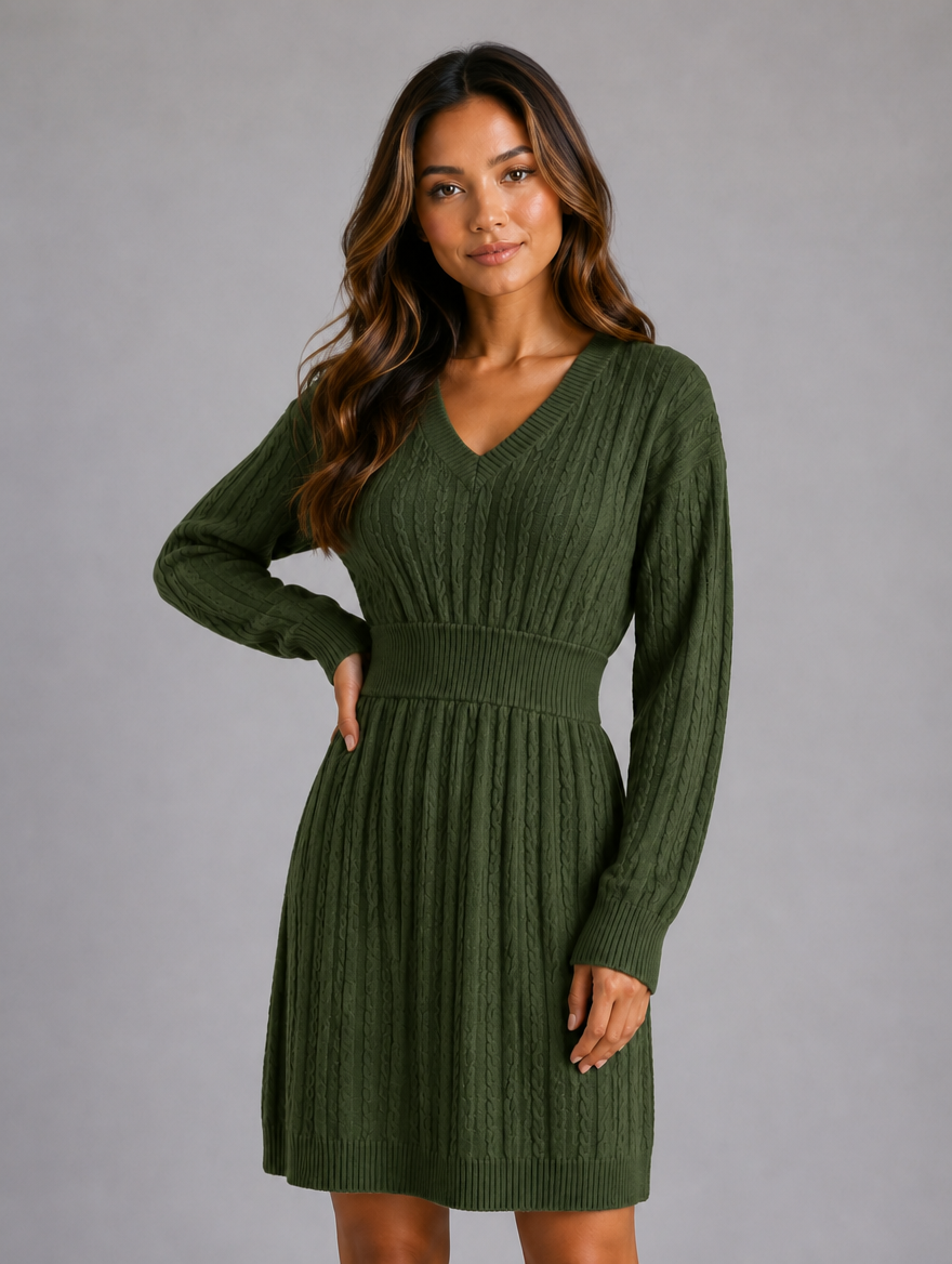 Women's Cable Knit Midi Dress – V-Neck Shirred Waist Fit — Dark Green