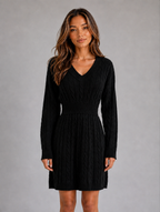 Women's Cable Knit Midi Dress – V-Neck Shirred Waist Fit — Black
