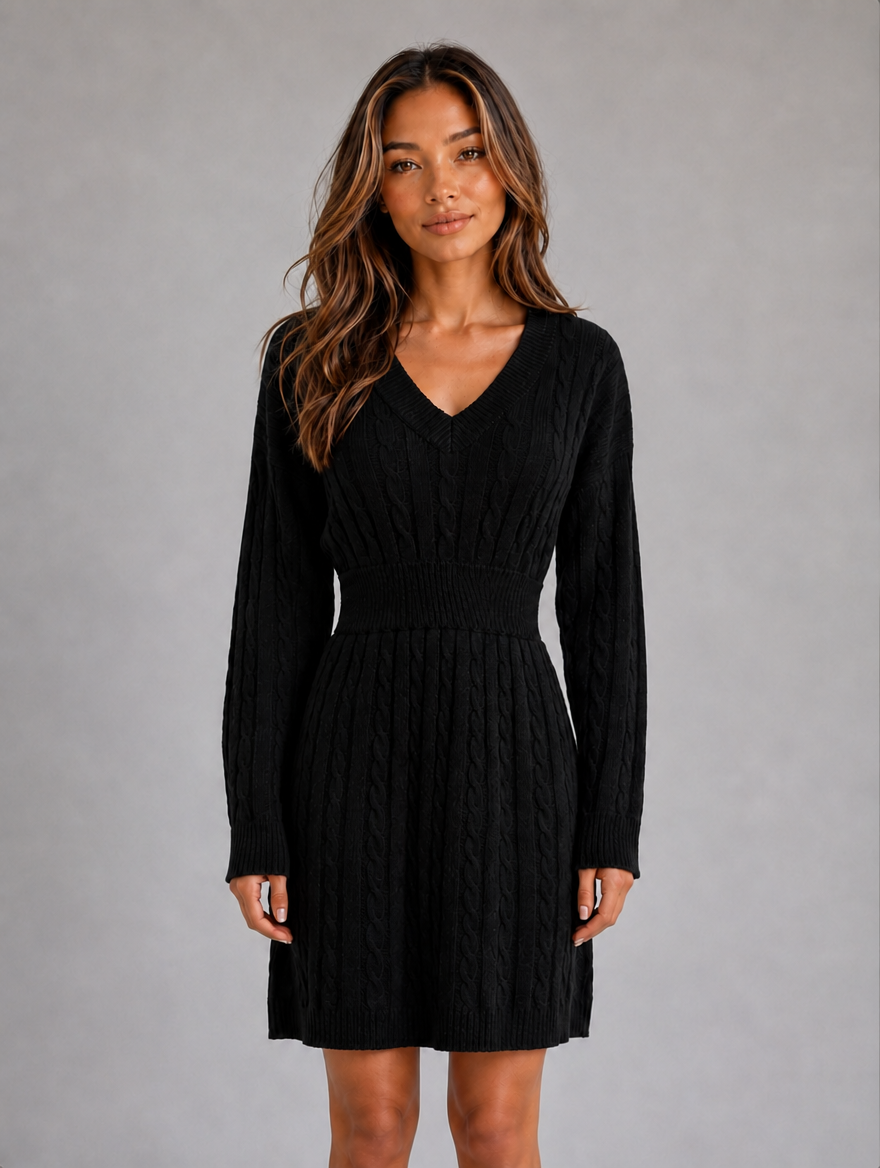 Women's Cable Knit Midi Dress – V-Neck Shirred Waist Fit — Black
