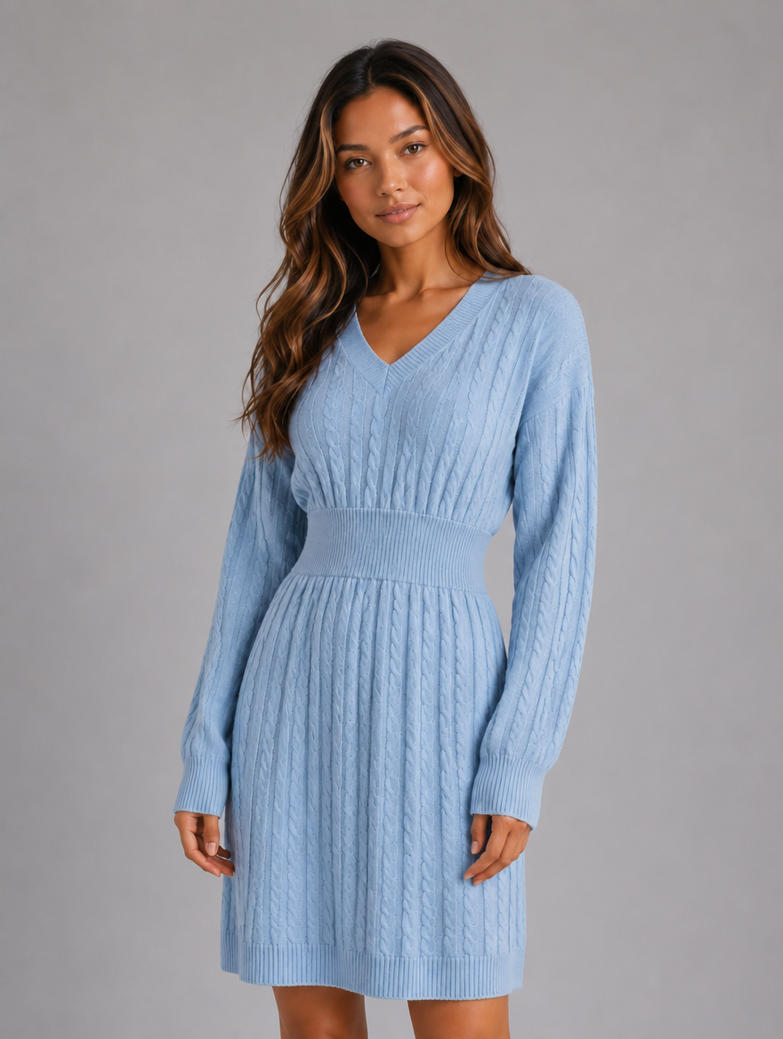 Women's Cable Knit Midi Dress – V-Neck Shirred Waist Fit — Sky Blue