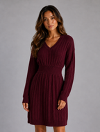Women's Cable Knit Midi Dress – V-Neck Shirred Waist Fit — Burgundy
