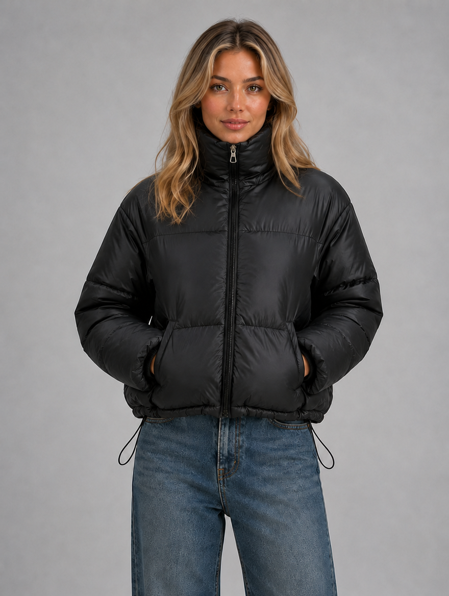 Women's Cropped Puffer Jacket — Black