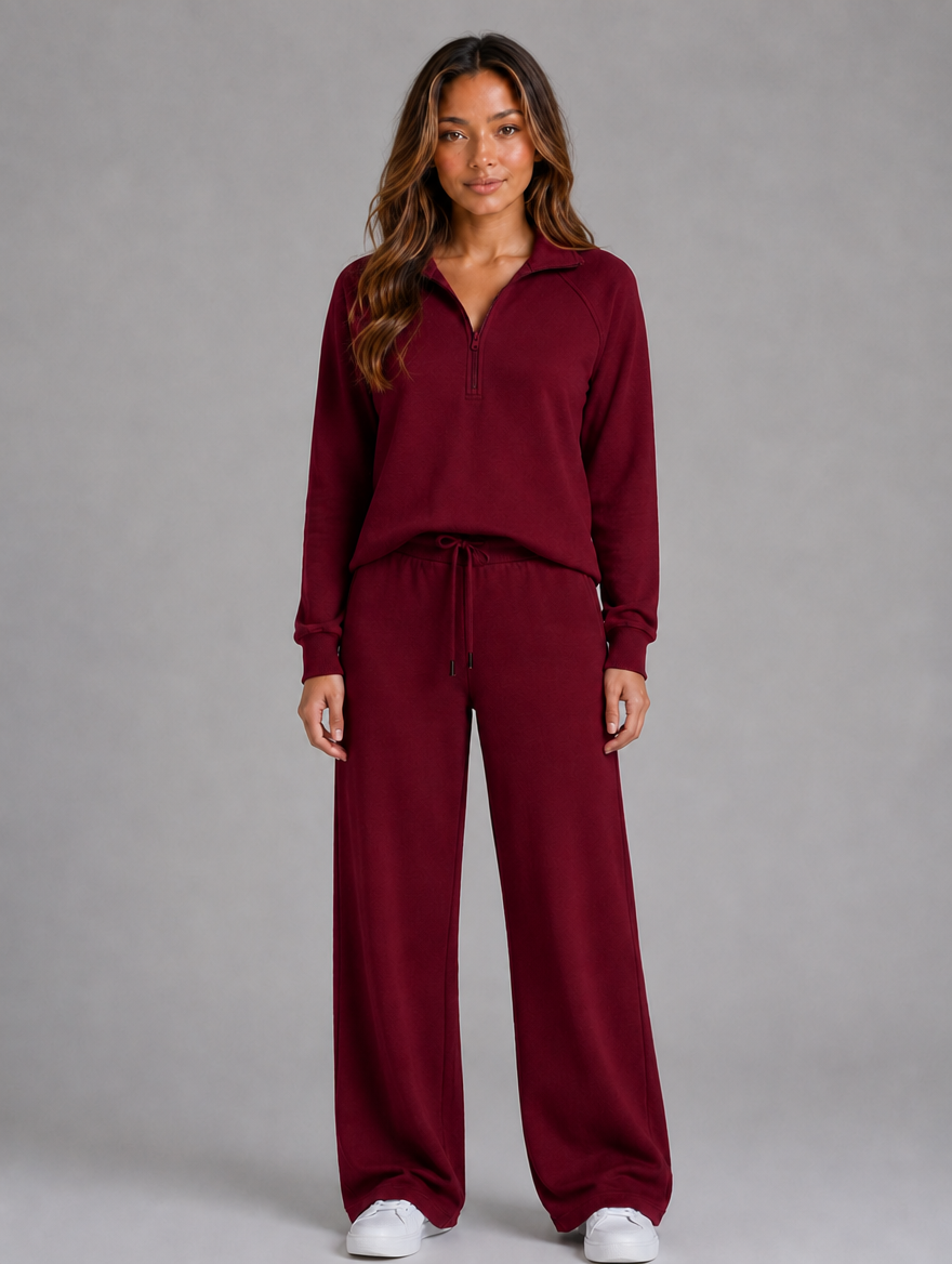 Women's Half Zip Lounge Co-Ord — Burgundy