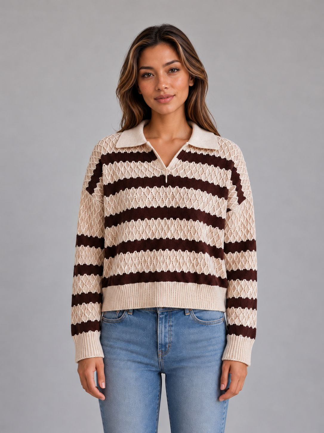 Women's Striped Polo Jumper – Textured Knit Sweater — Cream
