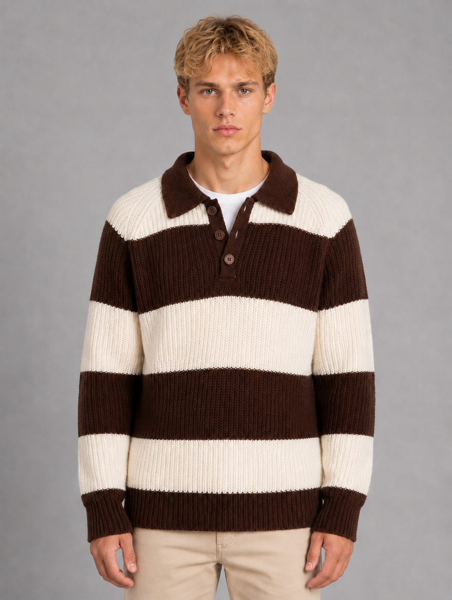 Men's Striped Polo Jumper – Button Neck Ribbed Sweater — Chocolate Brown