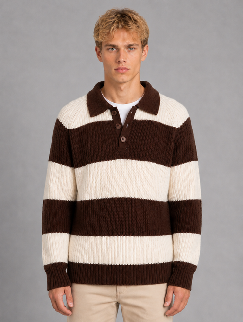 Men's Striped Polo Jumper – Button Neck Ribbed Sweater — Chocolate Brown