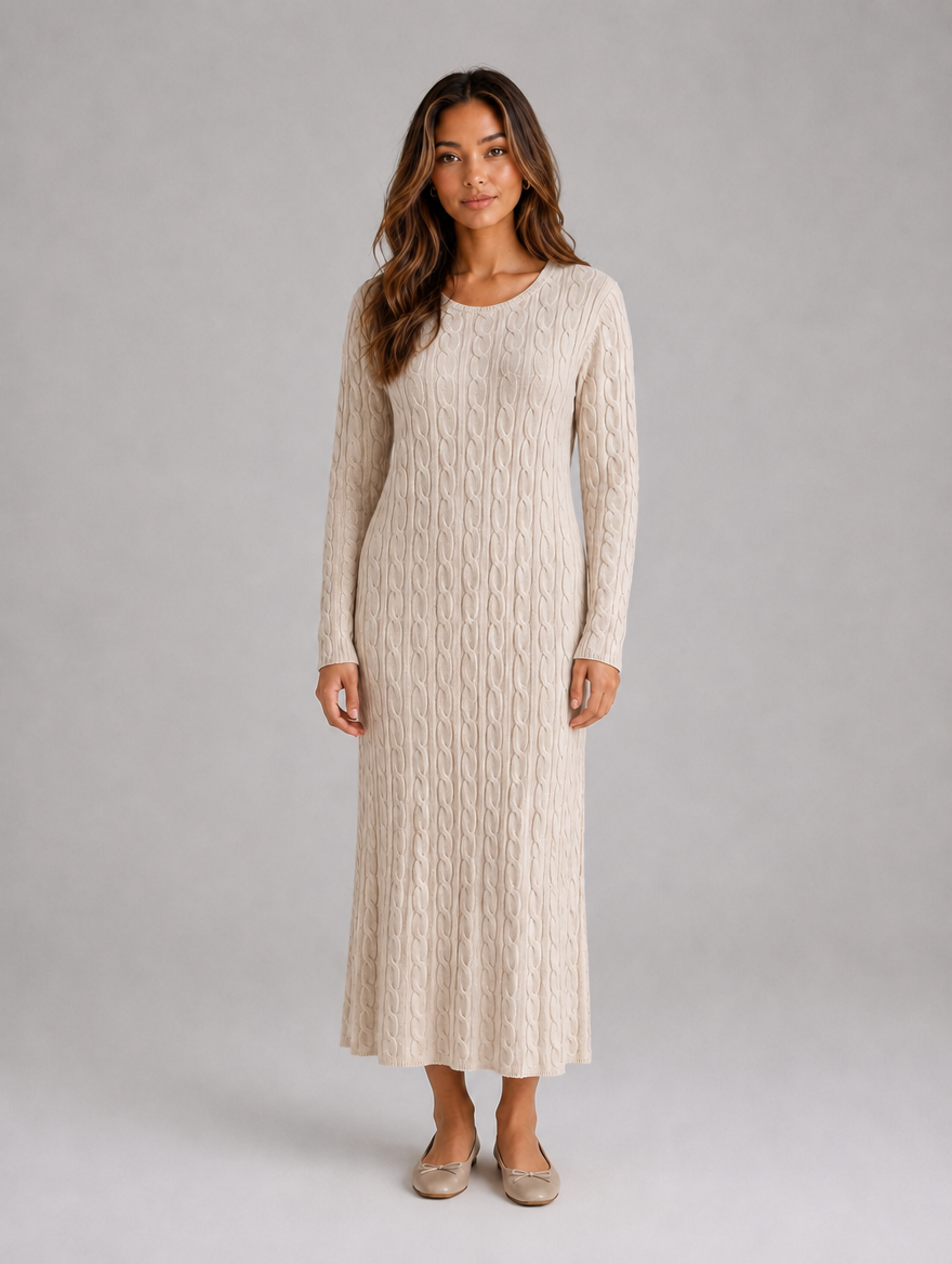 Women's Cable Knit Maxi Dress – Long Sleeve Jumper Dress — Cream