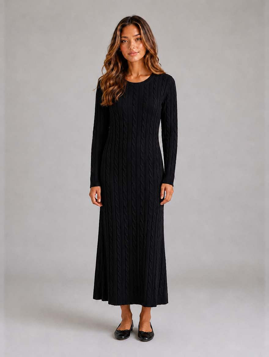 Women's Cable Knit Maxi Dress – Long Sleeve Jumper Dress — Black