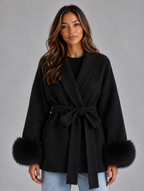 Women's Belted Wool Blend Coat – Faux Fur Trim Wrap Coat — Black