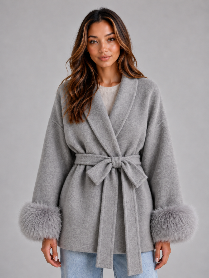 Women's Belted Wool Blend Coat – Faux Fur Trim Wrap Coat — Grey